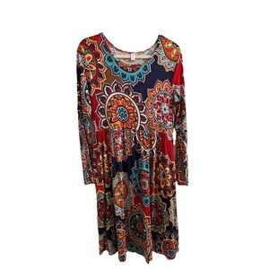 DB Moon Women’s Mandala Dress Long Sleeve Pockets Sz L Playful Prints Boho 2.0